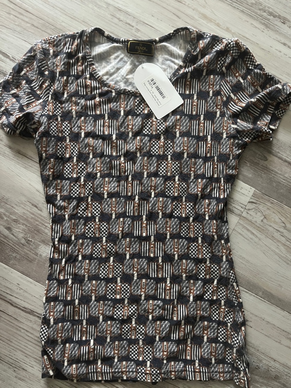 Fendi Short-Sleeve Handbag Print Knit Top in Brown and Gray Vintage Small